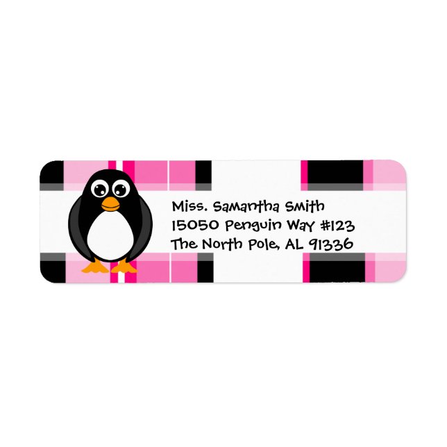 Cute Penguin Pink Stripe Return Address Labels (Front)