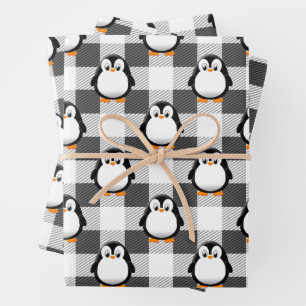 Cute Penguin Plaid Pattern In Black White and Grey Wrapping Paper Sheet