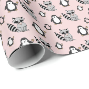 Cute Penguin Racoon Buddies Baby Gift Pink Wrapping Paper