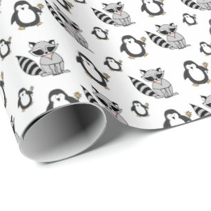 Cute Penguin Racoon Buddies Baby Gift Wrapping Paper