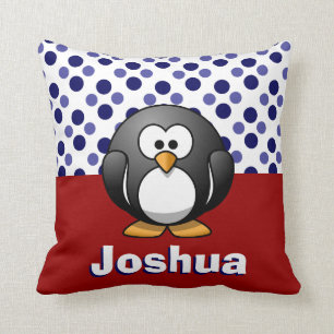 Cute Penguin RW&B w/ Polka Dots, Add Name Throw Pillow