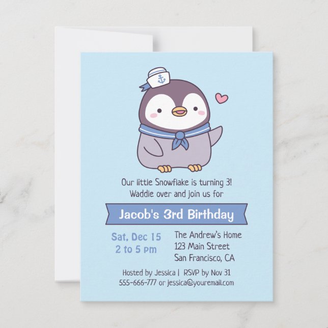 Cute Penguin Sailor Kids Birthday Party Invitation (Front)