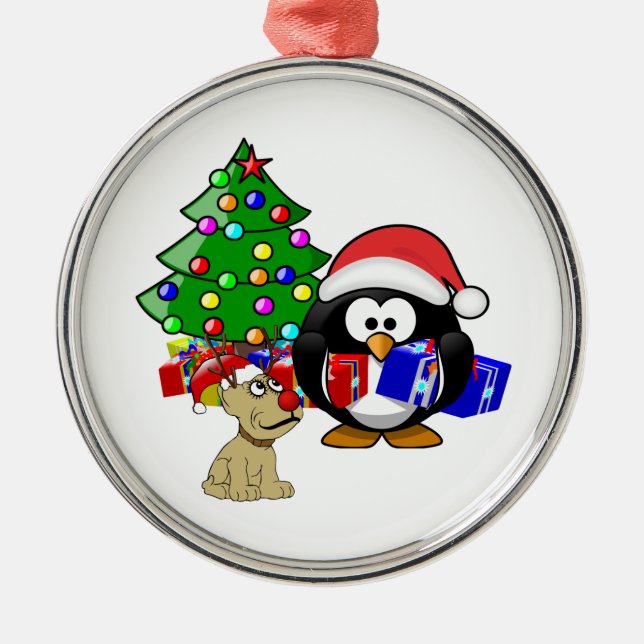 Cute Penguin Santa and Reindeer Dog Metal Ornament (Front)
