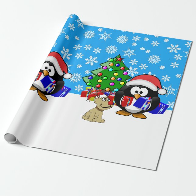 Cute Penguin Santa and Reindeer Dog Wrapping Paper (Unrolled)
