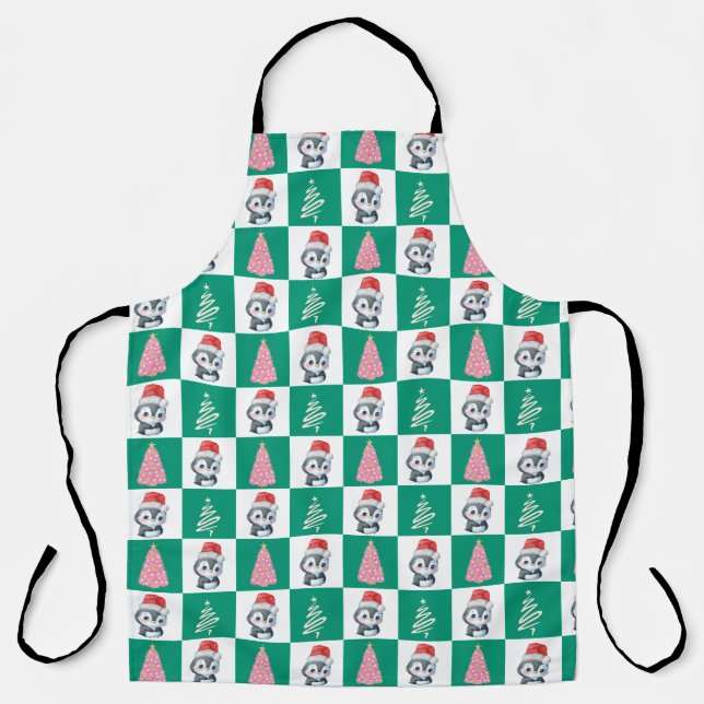 Cute Penguin Santa Merry Christmas tree party Apron (Front)