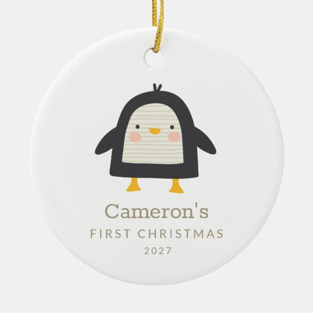 Cute Penguin Simple 1st Christmas Personalized Ceramic Ornament (Front)
