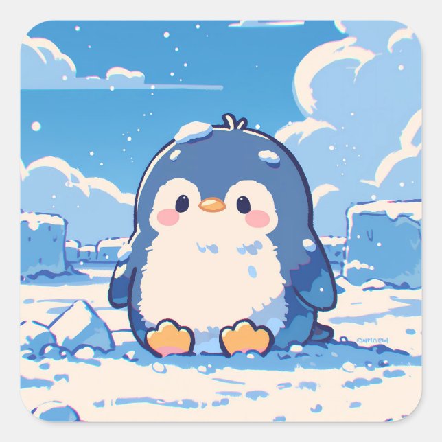 Cute Penguin Sitting in Winter Snow Square Sticker (Front)
