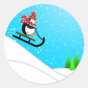 Cute Penguin Snow Sledding Plate Classic Round Sticker