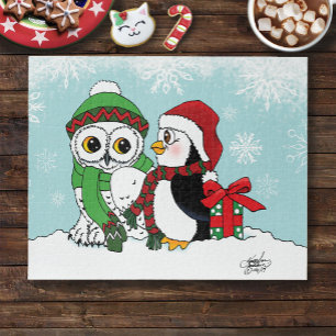 Cute Penguin Snowy Owl Friendship Jigsaw Puzzle