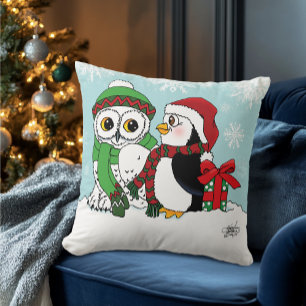 Cute Penguin Snowy Owl Friendship Throw Pillow