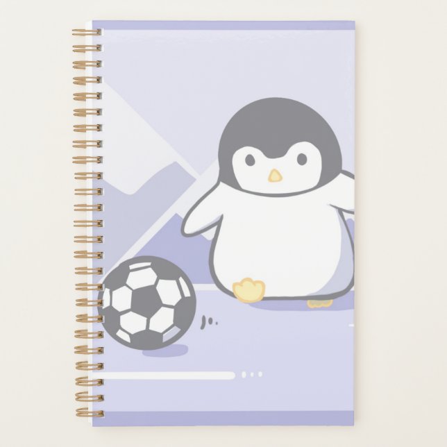 Cute Penguin Soccer Planner | Kawaii Pastel Spiral (Front)