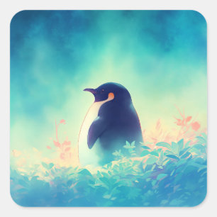 Cute Penguin Standing in Teal Grass Square Sticker