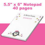Cute penguin stars and name pink kids notepad<br><div class="desc">A notepad for kids.
Featuring a cute penguin and stars.
Add a name.
Gift idea.
Pink and yellow.</div>
