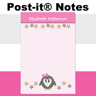 Cute penguin stars name kids pink yellow post-it notes