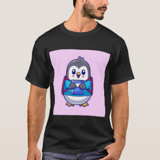 Cute Penguin Student Holding Book with Backpack Ca T-Shirt