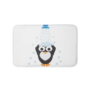 Cute Penguin Taking a Shower Bath Mat