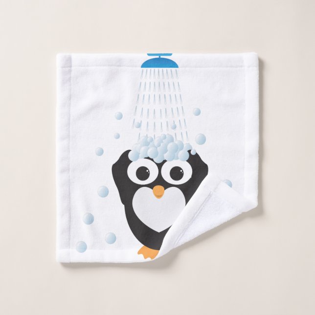 Cute Penguin Taking a Shower Wash Cloth (Wash Cloth)