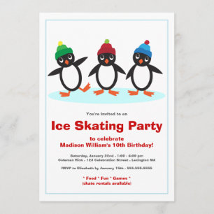 Cute Penguin Trio Ice Skating Birthday Party Invitation