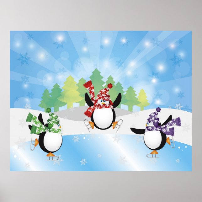 Cute Penguin Trio Ice Skating Poster (Front)