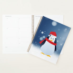 Cute Penguin w Red Santa Hat Christmas Snow Stars Planner