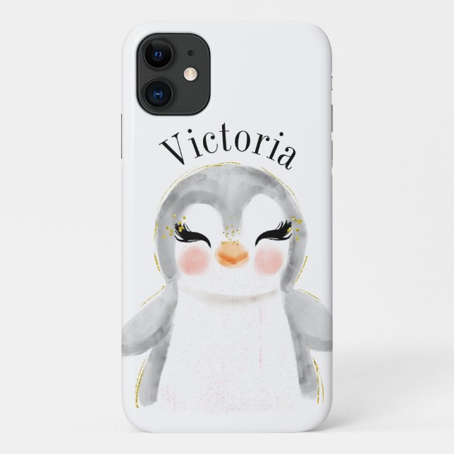 Cute Penguin Watercolor Name Modern Case-Mate iPhone Case (Back)