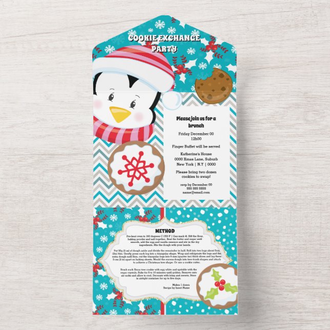 Cute penguin wearing Christmas hat recipe card (Inside)