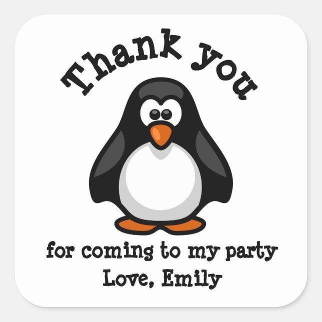 Cute Penguin White Birthday Party Thank You Square Sticker (Front)