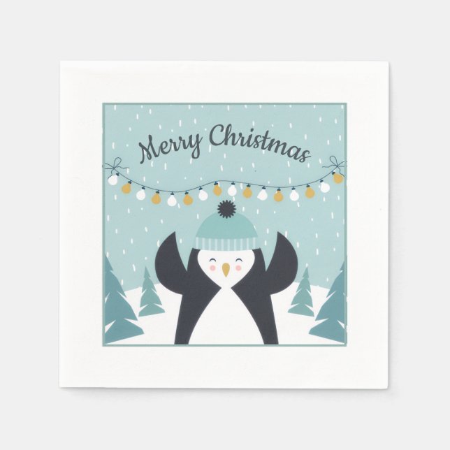 Cute Penguin Winter Art Merry Christmas Napkin (Front)