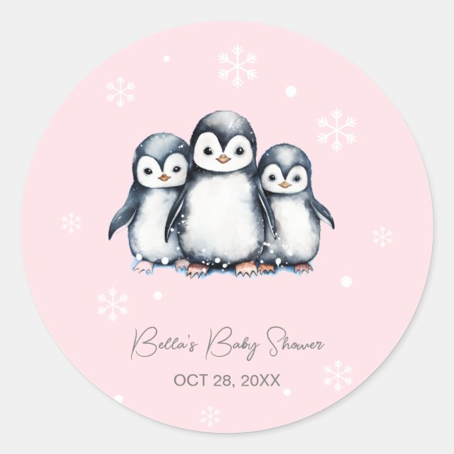 Cute Penguin Winter Baby Shower Classic Round Sticker (Front)