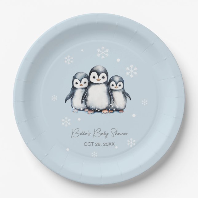 Cute Penguin Winter Baby Shower Paper Plate (Front)