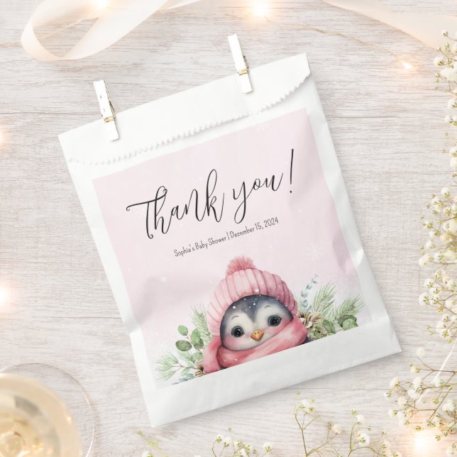 Cute Penguin Winter Baby Shower Pink Snow Favour Bag (Clipped)