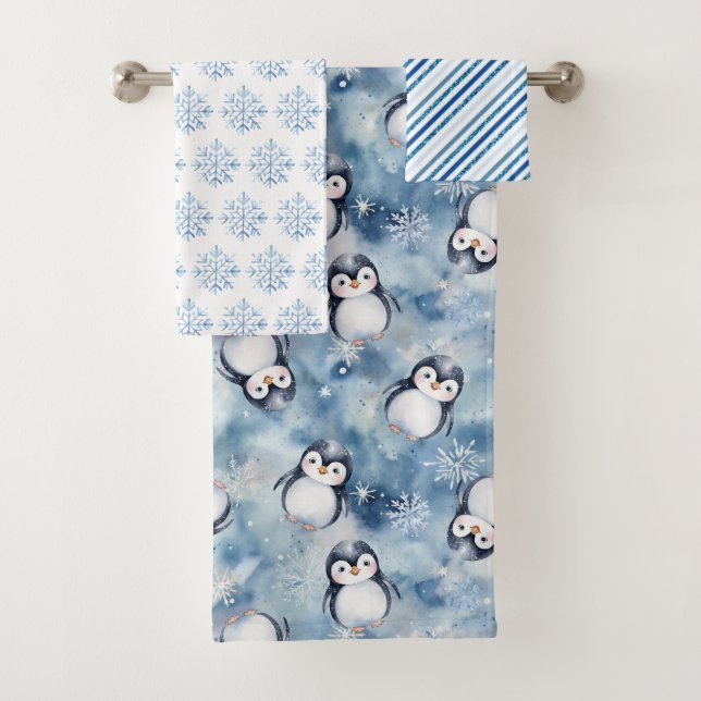 Cute Penguin Winter Bath Towel Set (Insitu)