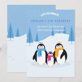 cute penguin winter birthday invitation card