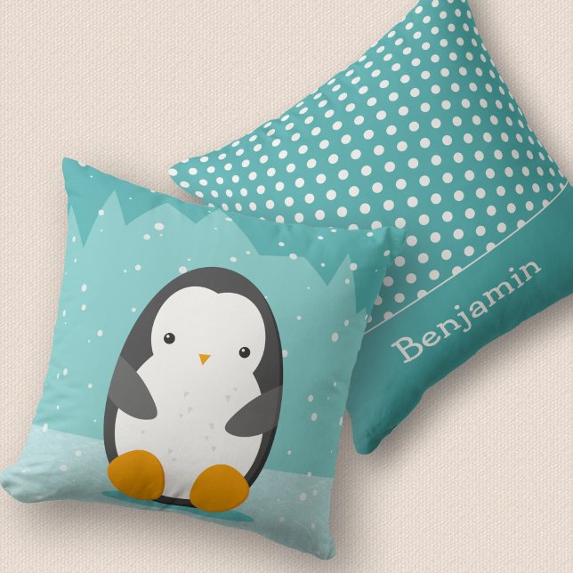 Cute Penguin Winter Cartoon and Name Blue 2-sided  Throw Pillow (Creator Uploaded)