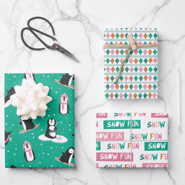 Cute Penguin Winter Fun Pink & Teal Wrapping Paper Sheet (Front)