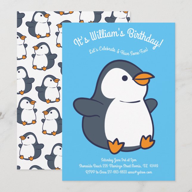 Cute Penguin Winter Kids Birthday Party Invitation (Front/Back)