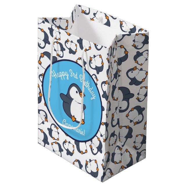 Cute Penguin Winter Kids Birthday Party Medium Gift Bag (Front Angled)