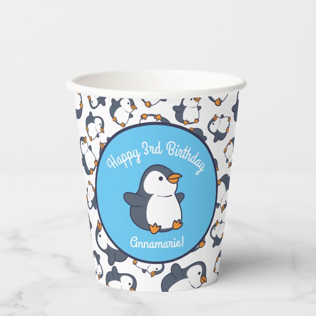 Cute Penguin Winter Kids Birthday Party Paper Cups (Front)