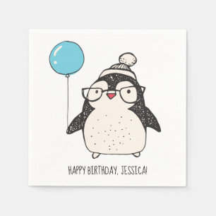 Cute Penguin with a Balloon Personalized Birthday Napkin