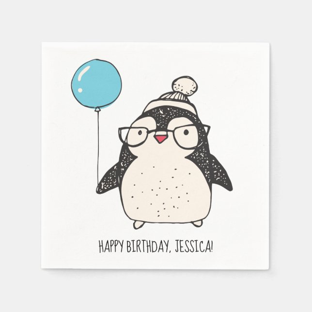 Cute Penguin with a Balloon Personalized Birthday Napkin (Front)