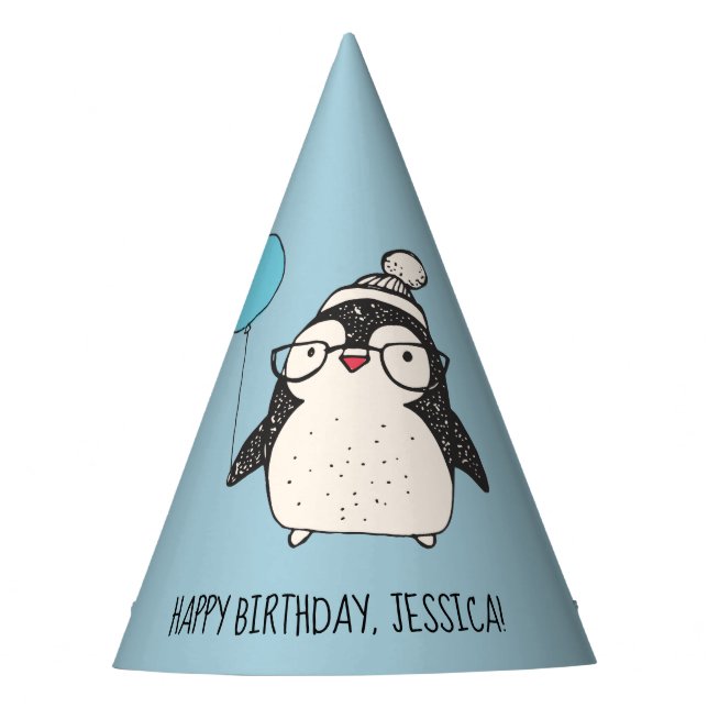 Cute Penguin with a Balloon Personalized Birthday Party Hat (Front)