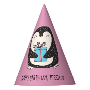 Cute Penguin with a Present Personalized Birthday Party Hat