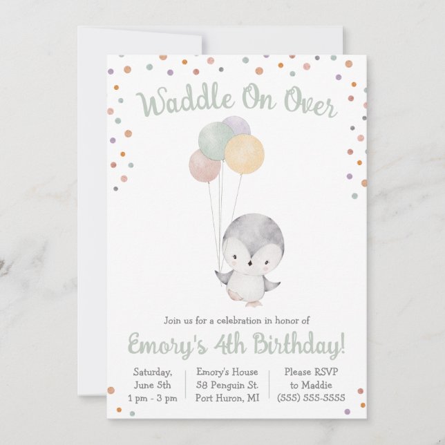 Cute Penguin with Balloons Birthday Party Invitation (Front)