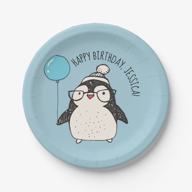 Cute Penguin with Blue Balloon Personalized Paper Plate (Front)