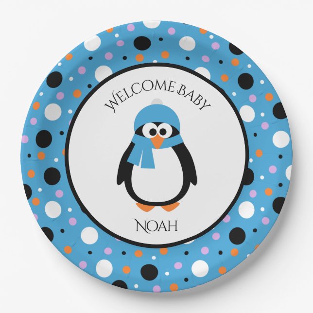 Cute Penguin with Blue Hat and Scarf Polka-Dots Paper Plate (Front)