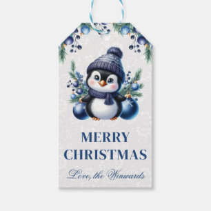 Cute Penguin with Blue Ornaments Christmas Gift Tags