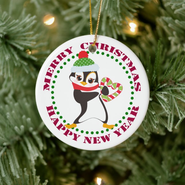 Cute Penguin with Candy Cane Heart Ceramic Ornament (Tree)