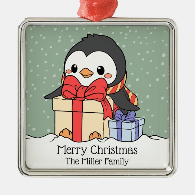 Cute penguin with Christmas gifts in the snowfall  Metal Ornament (Front)