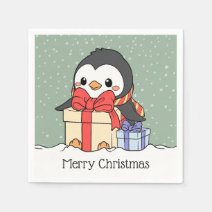 Cute penguin with Christmas gifts in the snowfall Napkin