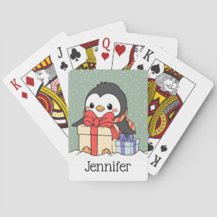 Cute penguin with Christmas gifts in the snowfall Playing Cards